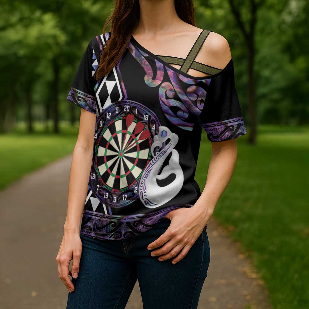 Personalised New Zealand Darts Cross Shoulder Shirt Ngutukaka Manaia Taniko Luxury Purple - Aussie Hoodie