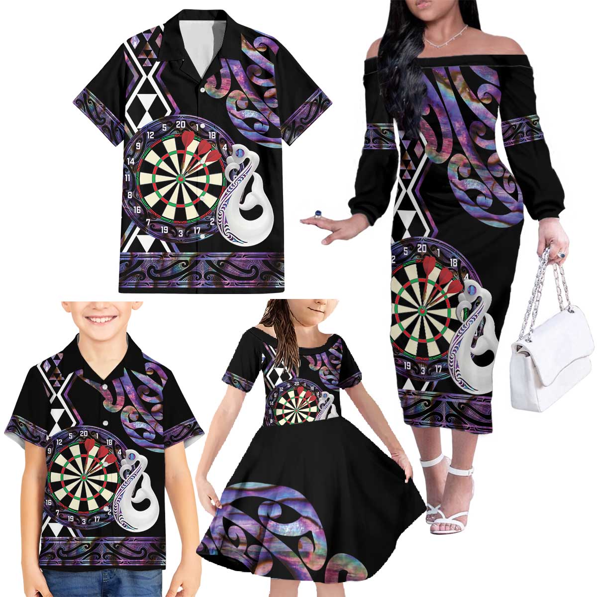 Personalised New Zealand Darts Family Matching Off The Shoulder Long Sleeve Dress and Hawaiian Shirt Ngutukaka Manaia Taniko Luxury Purple - Aussie Hoodie