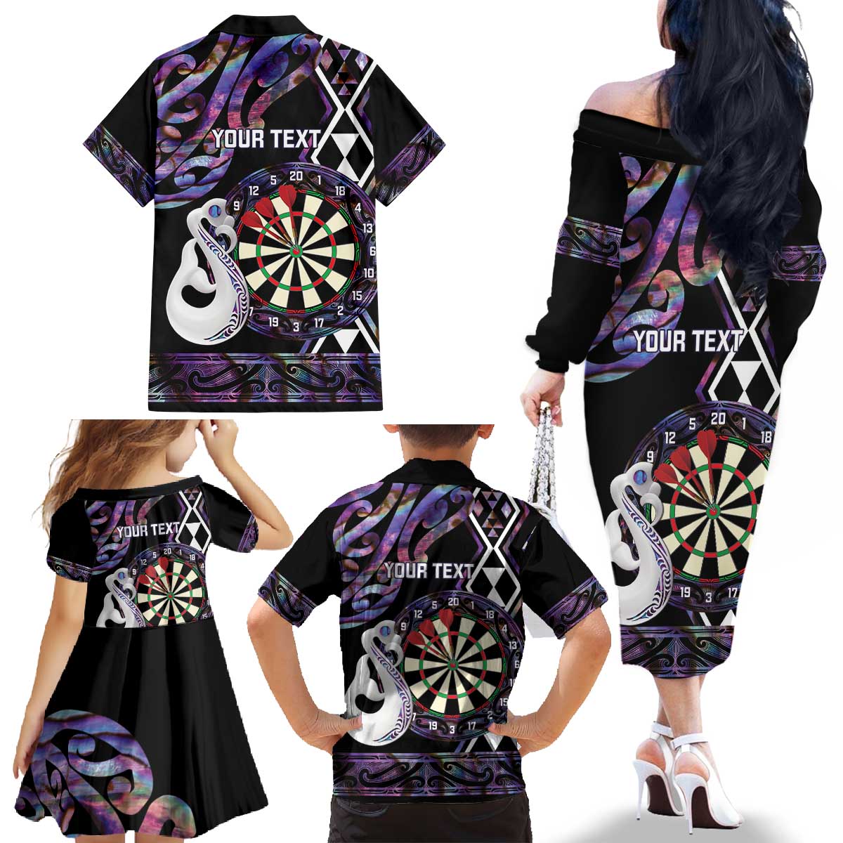 Personalised New Zealand Darts Family Matching Off The Shoulder Long Sleeve Dress and Hawaiian Shirt Ngutukaka Manaia Taniko Luxury Purple - Aussie Hoodie