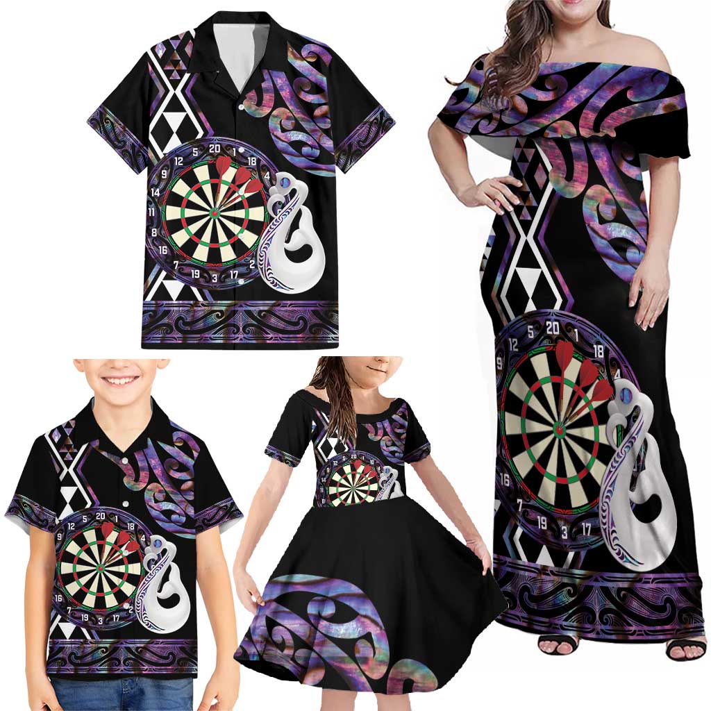 Personalised New Zealand Darts Family Matching Off Shoulder Maxi Dress and Hawaiian Shirt Ngutukaka Manaia Taniko Luxury Purple - Aussie Hoodie