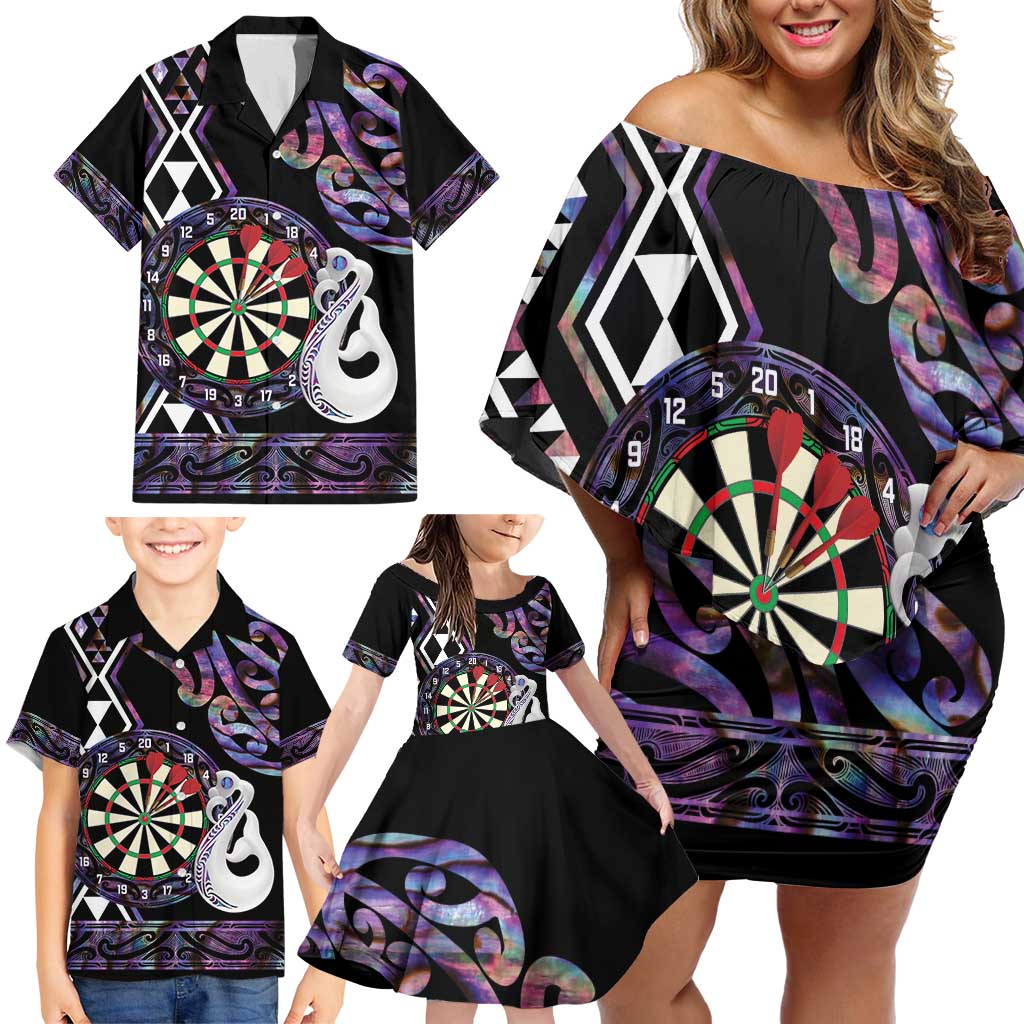 Personalised New Zealand Darts Family Matching Off Shoulder Short Dress and Hawaiian Shirt Ngutukaka Manaia Taniko Luxury Purple - Aussie Hoodie