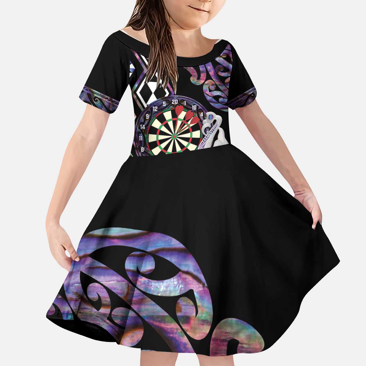 Personalised New Zealand Darts Kid Short Sleeve Dress Ngutukaka Manaia Taniko Luxury Purple - Aussie Hoodie