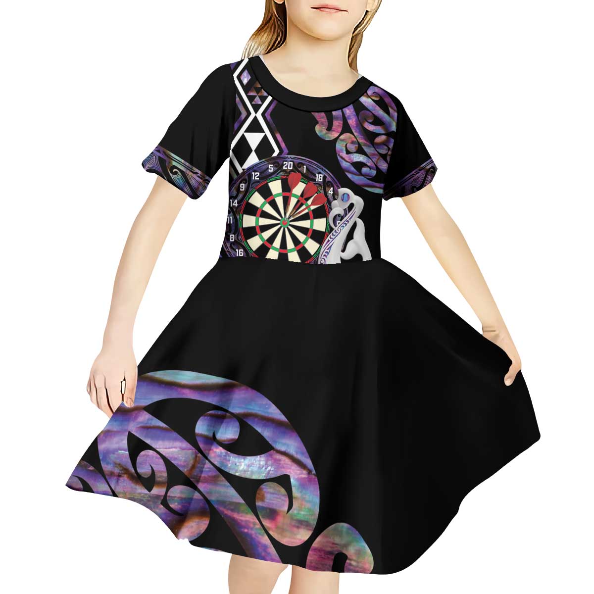 Personalised New Zealand Darts Kid Short Sleeve Dress Ngutukaka Manaia Taniko Luxury Purple - Aussie Hoodie