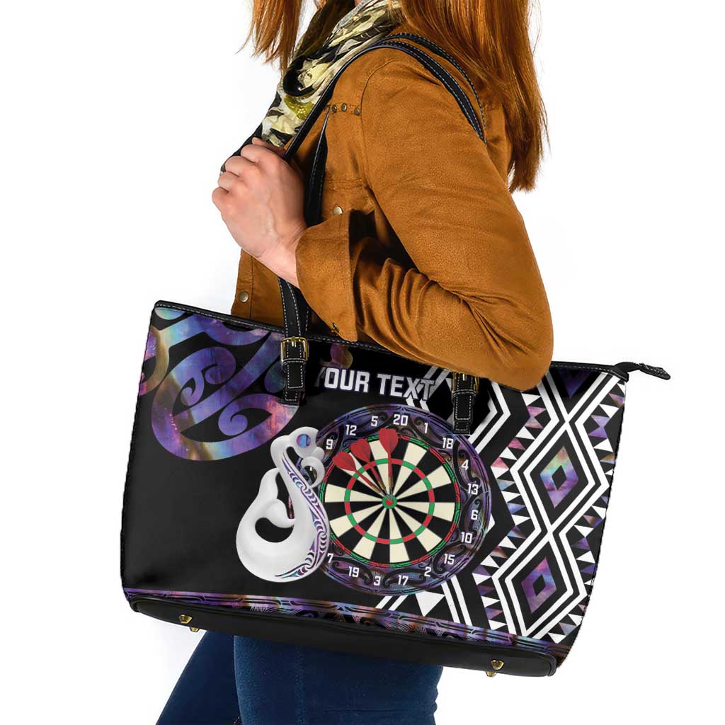 Personalised New Zealand Darts Leather Tote Bag Ngutukaka Manaia Taniko Luxury Purple - Aussie Hoodie