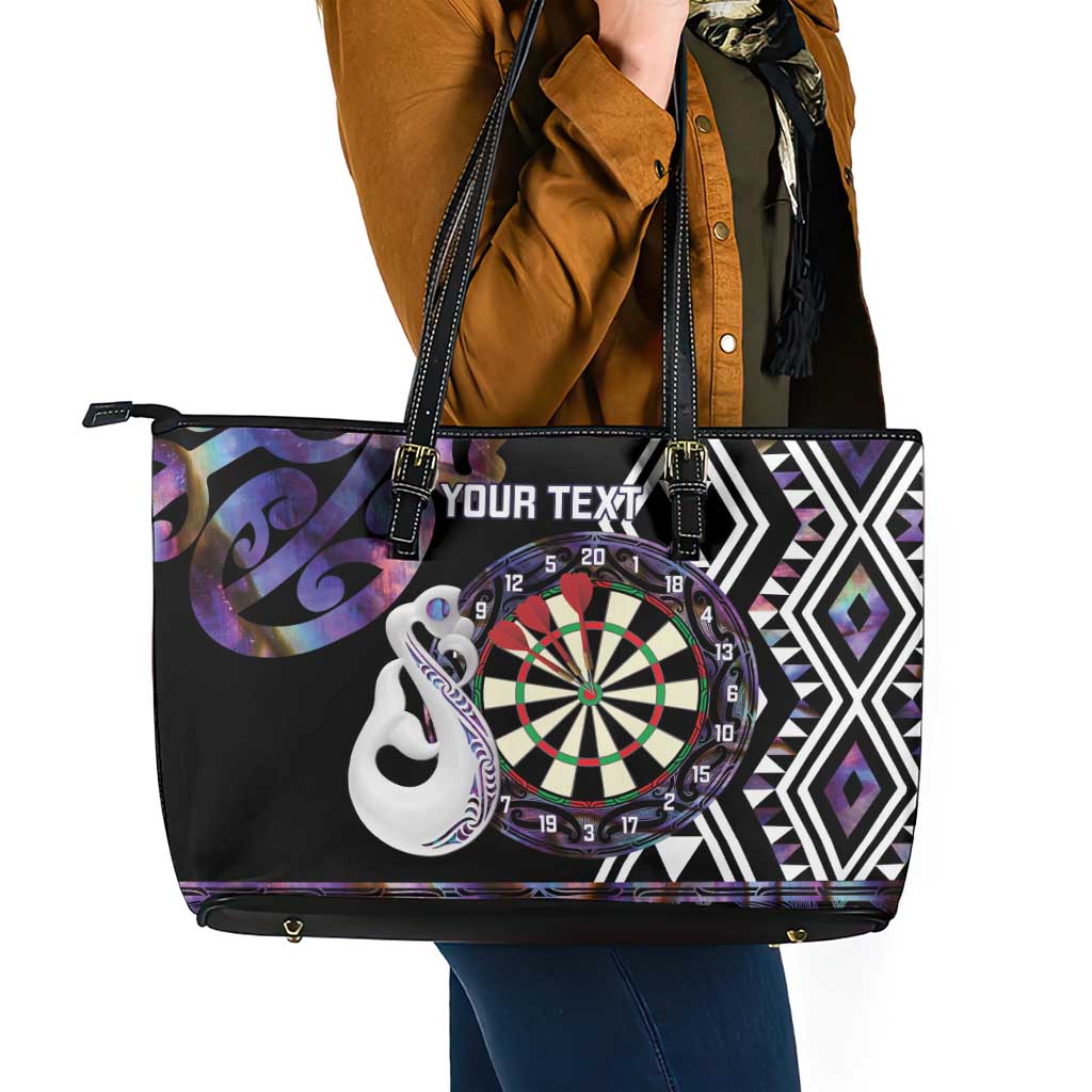 Personalised New Zealand Darts Leather Tote Bag Ngutukaka Manaia Taniko Luxury Purple - Aussie Hoodie