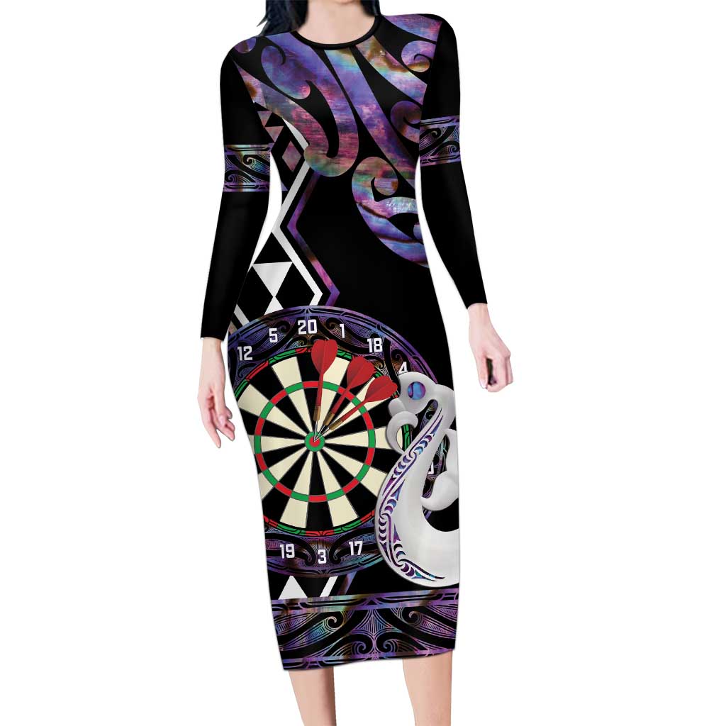 Personalised New Zealand Darts Long Sleeve Bodycon Dress Ngutukaka Manaia Taniko Luxury Purple - Aussie Hoodie