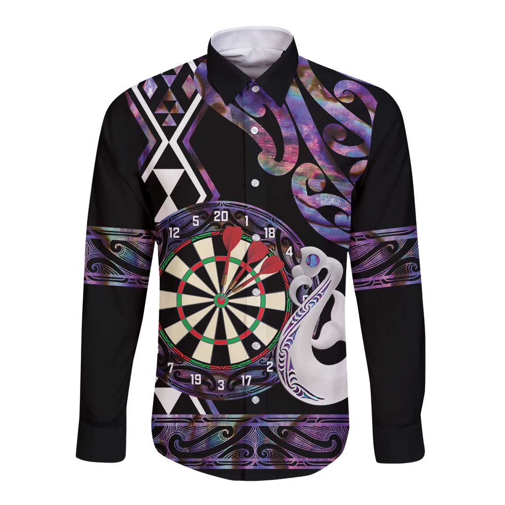 Personalised New Zealand Darts Long Sleeve Button Shirt Ngutukaka Manaia Taniko Luxury Purple - Aussie Hoodie