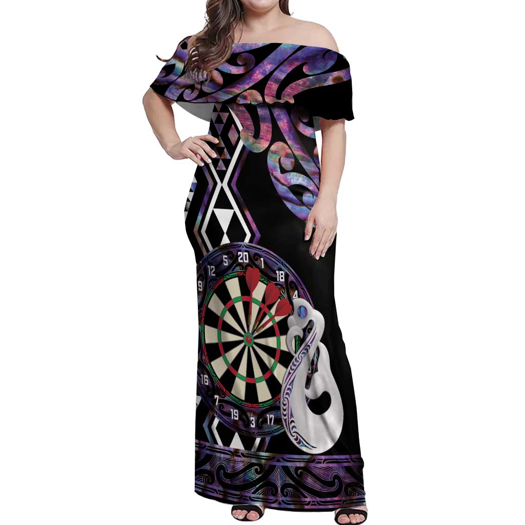 Personalised New Zealand Darts Off Shoulder Maxi Dress Ngutukaka Manaia Taniko Luxury Purple - Aussie Hoodie