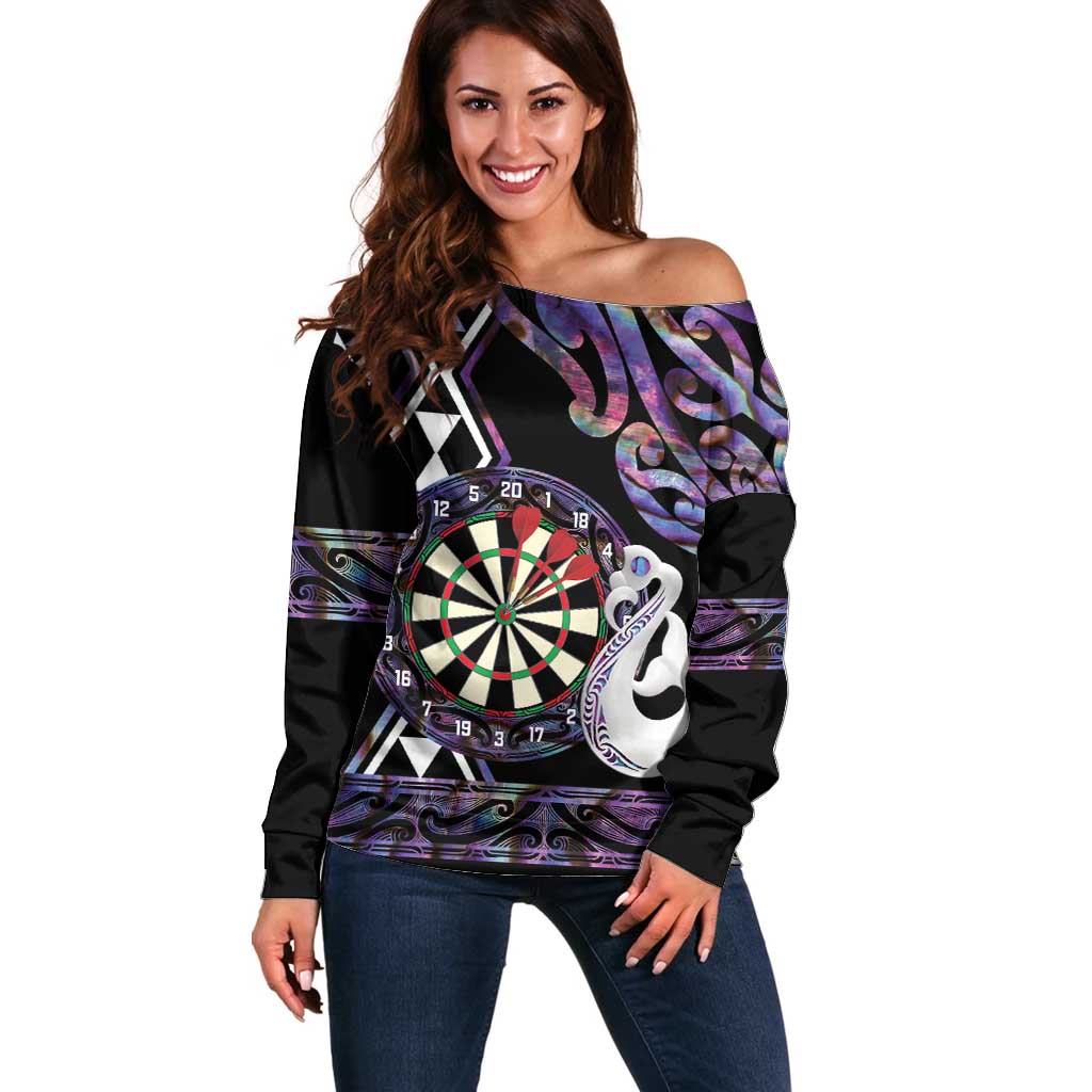 Personalised New Zealand Darts Off Shoulder Sweater Ngutukaka Manaia Taniko Luxury Purple - Aussie Hoodie