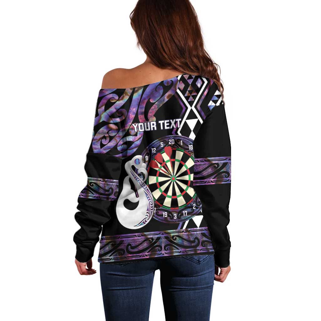 Personalised New Zealand Darts Off Shoulder Sweater Ngutukaka Manaia Taniko Luxury Purple - Aussie Hoodie