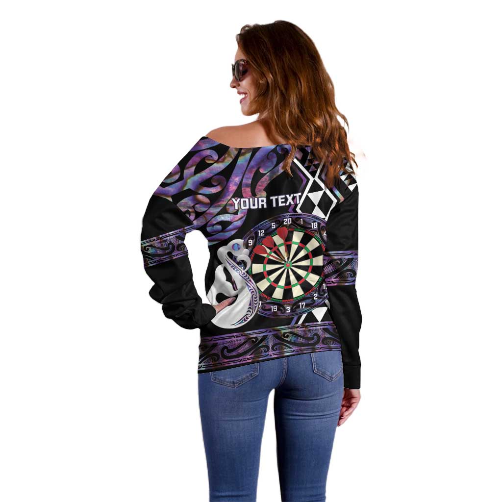 Personalised New Zealand Darts Off Shoulder Sweater Ngutukaka Manaia Taniko Luxury Purple - Aussie Hoodie