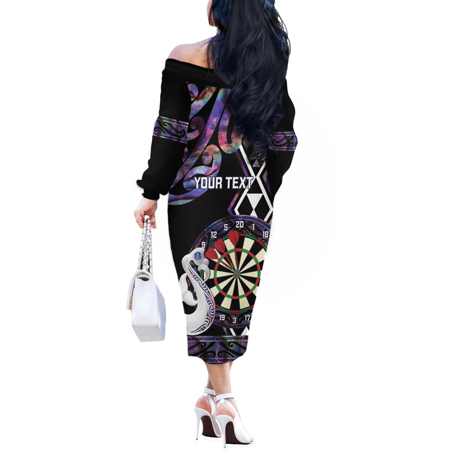 Personalised New Zealand Darts Off The Shoulder Long Sleeve Dress Ngutukaka Manaia Taniko Luxury Purple - Aussie Hoodie