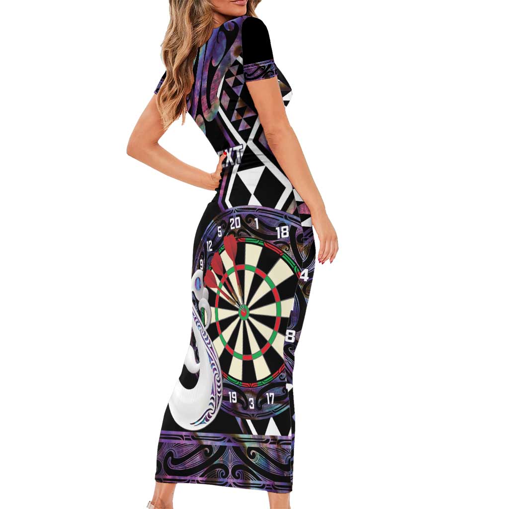Personalised New Zealand Darts Short Sleeve Bodycon Dress Ngutukaka Manaia Taniko Luxury Purple - Aussie Hoodie