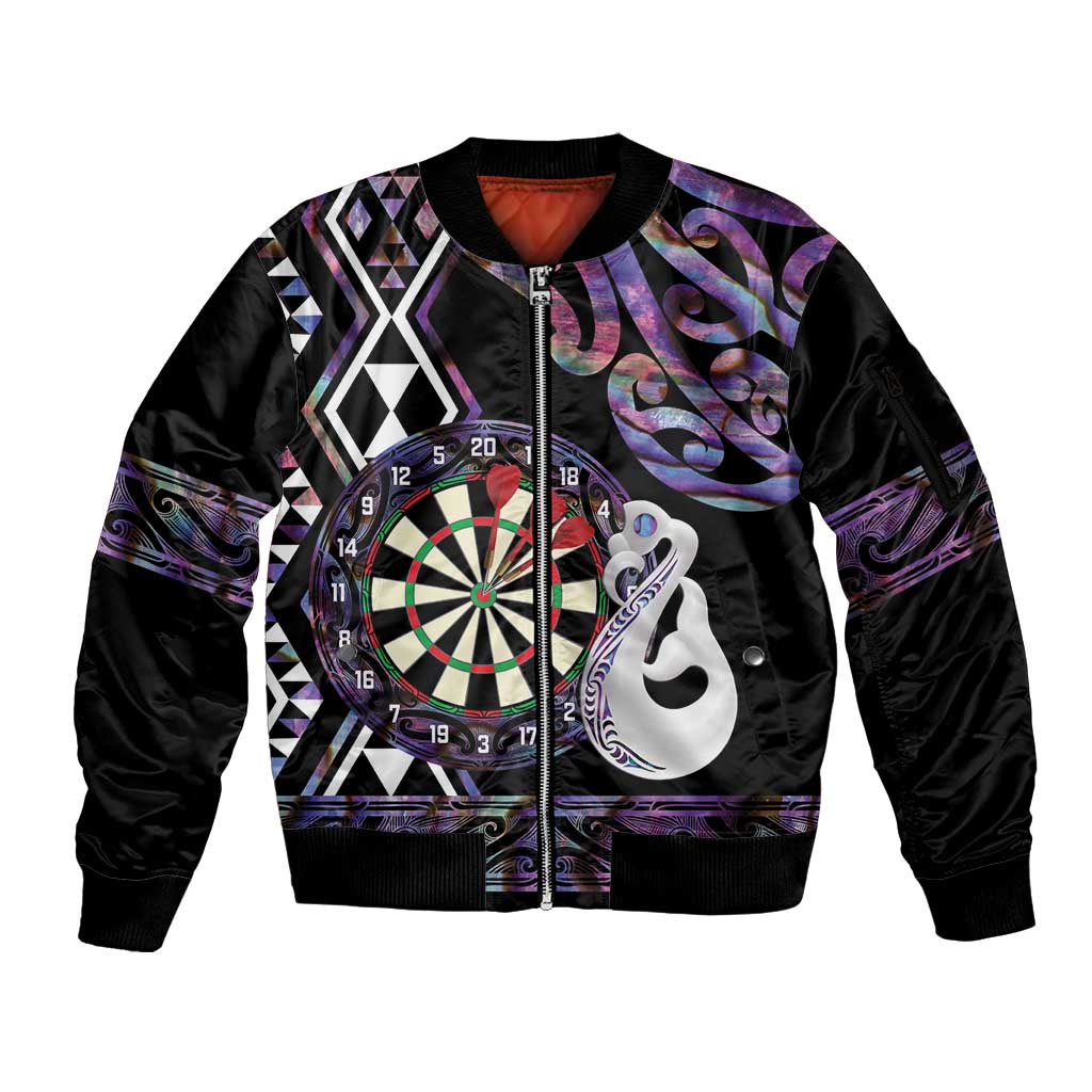 Personalised New Zealand Darts Sleeve Zip Bomber Jacket Ngutukaka Manaia Taniko Luxury Purple - Aussie Hoodie