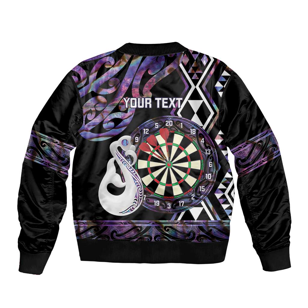 Personalised New Zealand Darts Sleeve Zip Bomber Jacket Ngutukaka Manaia Taniko Luxury Purple - Aussie Hoodie