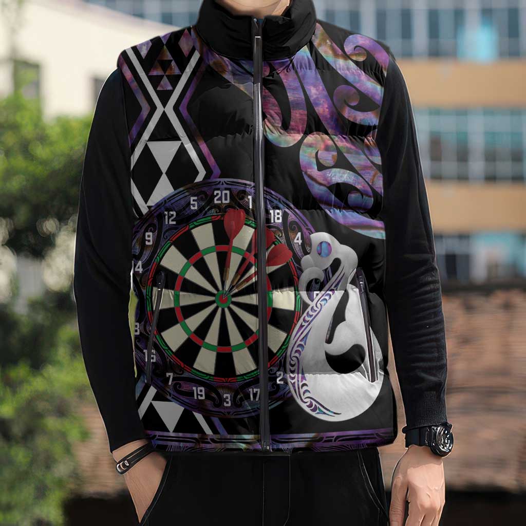 Personalised New Zealand Darts Sleeveless Puffer Jacket Ngutukaka Manaia Taniko Luxury Purple - Aussie Hoodie