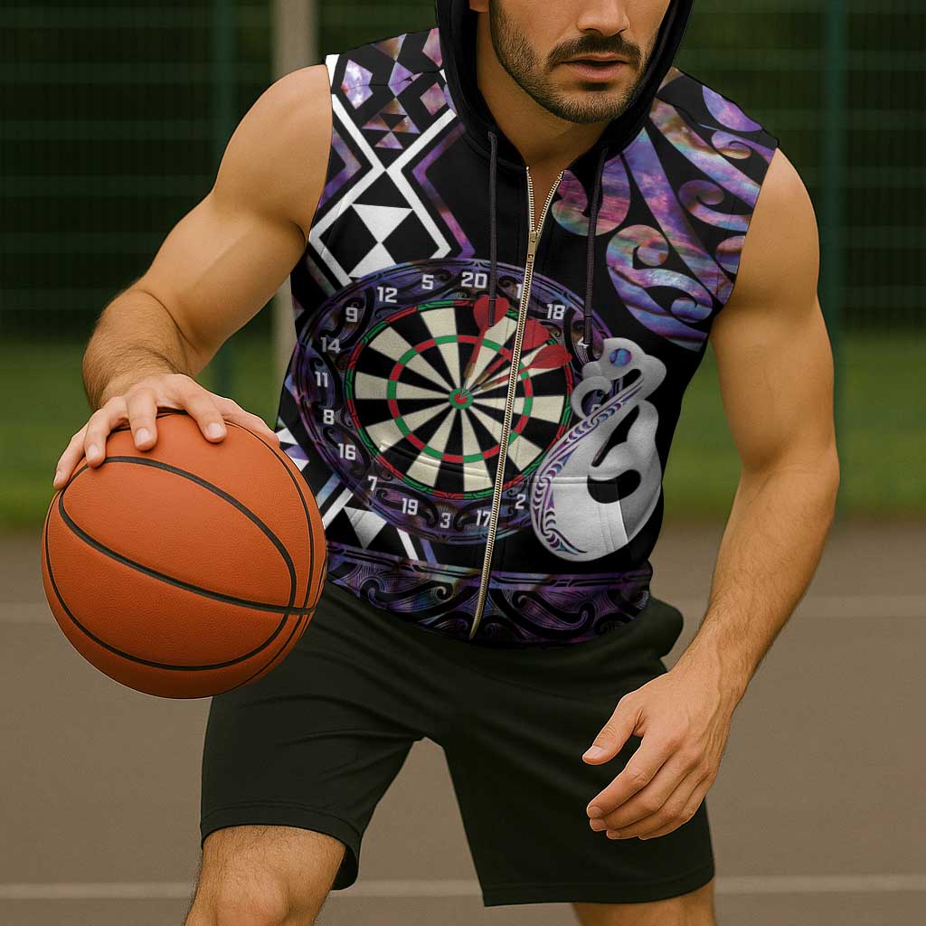 Personalised New Zealand Darts Sleeveless Zip Hoodie Ngutukaka Manaia Taniko Luxury Purple - Aussie Hoodie