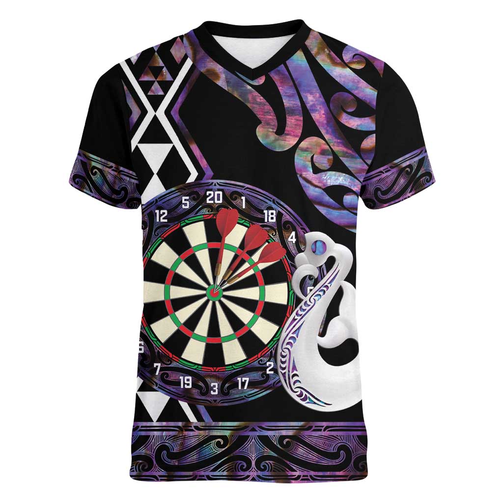 Personalised New Zealand Darts Women V-Neck T-Shirt Ngutukaka Manaia Taniko Luxury Purple - Aussie Hoodie