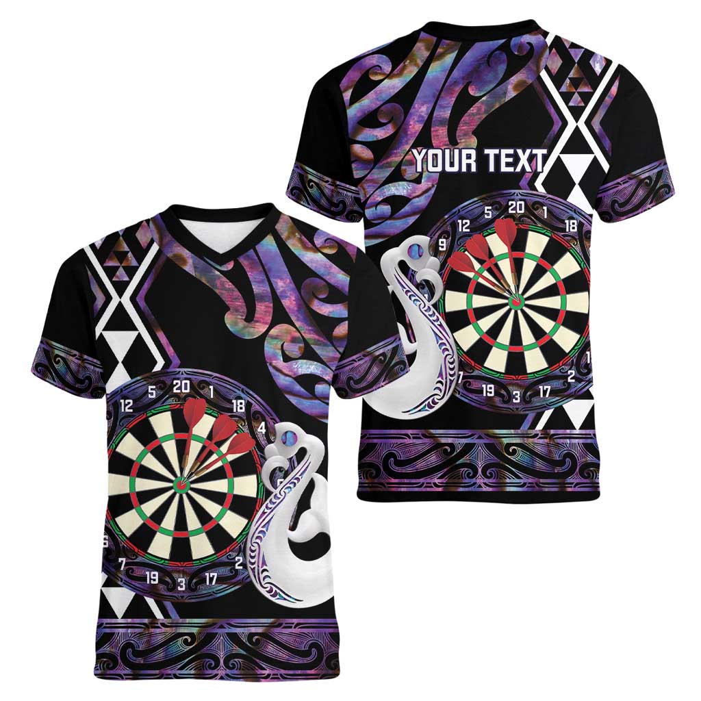Personalised New Zealand Darts Women V-Neck T-Shirt Ngutukaka Manaia Taniko Luxury Purple - Aussie Hoodie