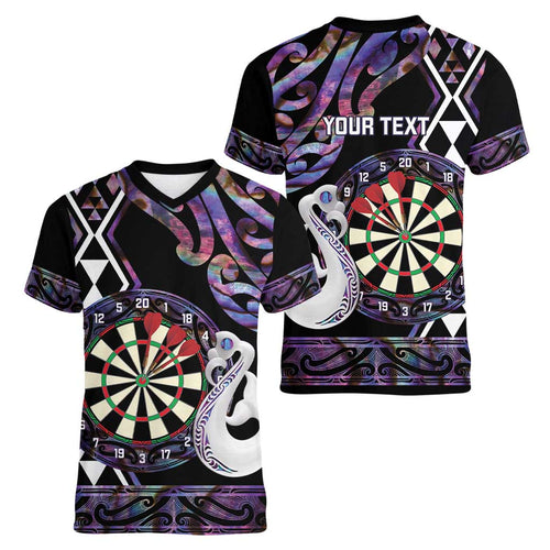 Personalised New Zealand Darts Women V-Neck T-Shirt Ngutukaka Manaia Taniko Luxury Purple - Aussie Hoodie