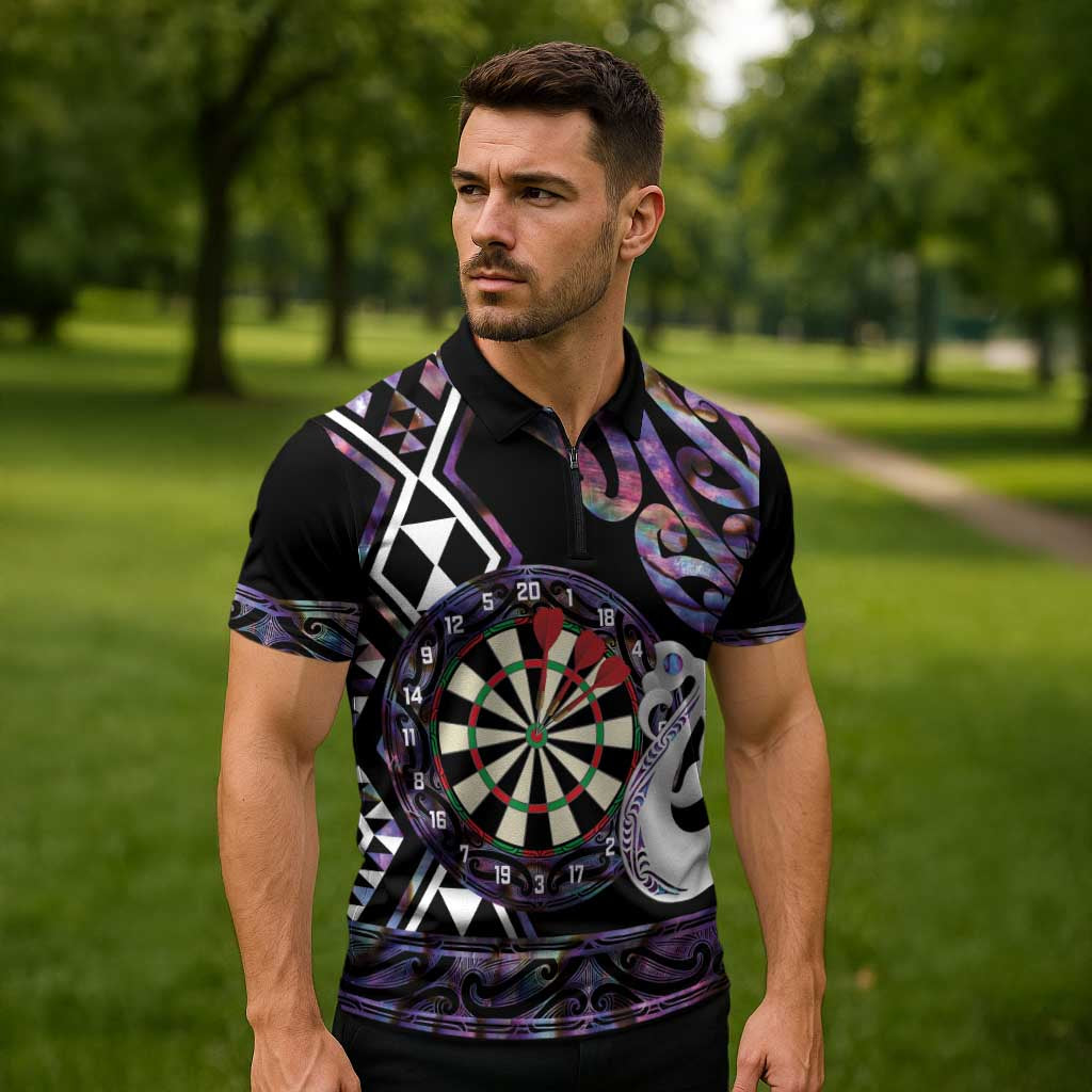 Personalised New Zealand Darts Zipper Polo Shirt Ngutukaka Manaia Taniko Luxury Purple - Aussie Hoodie
