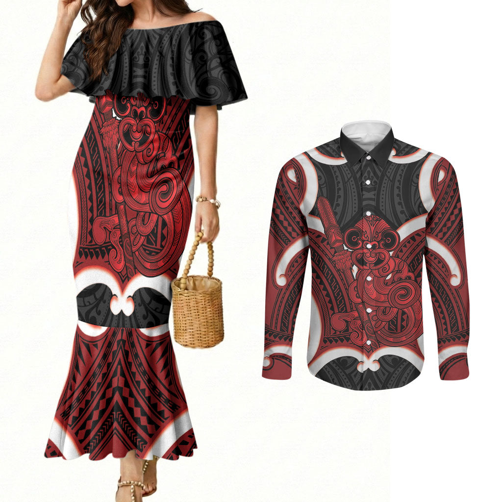 Whero Aotearoa Atua Tumatauenga Personalised Couples Matching Mermaid Dress and Long Sleeve Button Shirt Maori God Of War Tiki With Taiaha