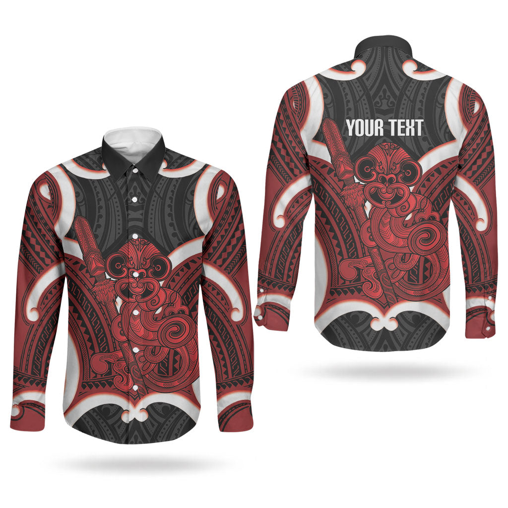 Whero Aotearoa Atua Tumatauenga Personalised Couples Matching Mermaid Dress and Long Sleeve Button Shirt Maori God Of War Tiki With Taiaha