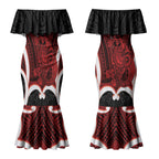 Whero Aotearoa Atua Tumatauenga Personalised Couples Matching Mermaid Dress and Long Sleeve Button Shirt Maori God Of War Tiki With Taiaha