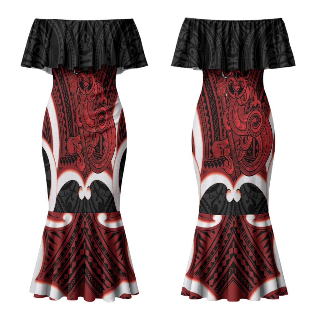 Whero Aotearoa Atua Tumatauenga Personalised Couples Matching Mermaid Dress and Long Sleeve Button Shirt Maori God Of War Tiki With Taiaha