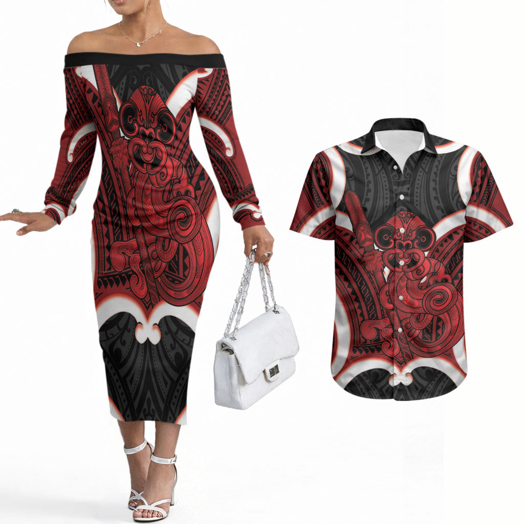 Whero Aotearoa Atua Tumatauenga Personalised Couples Matching Off The Shoulder Long Sleeve Dress and Hawaiian Shirt Maori God Of War Tiki With Taiaha