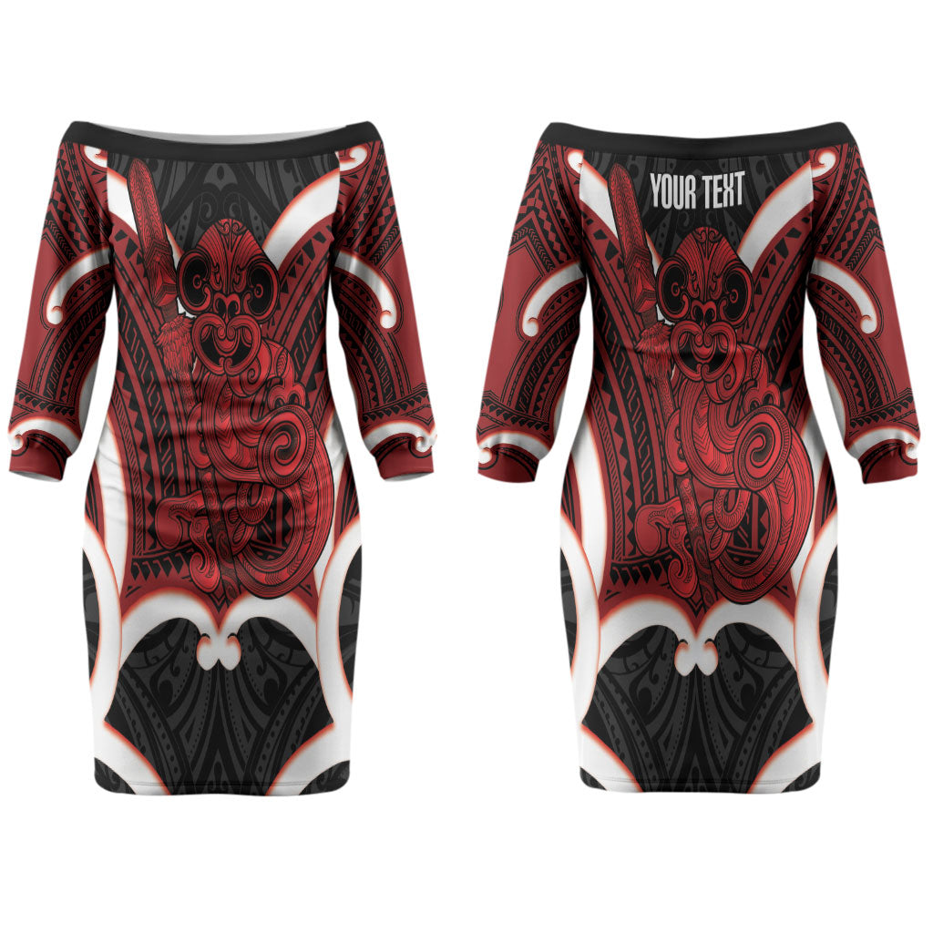 Whero Aotearoa Atua Tumatauenga Personalised Couples Matching Off The Shoulder Long Sleeve Dress and Hawaiian Shirt Maori God Of War Tiki With Taiaha