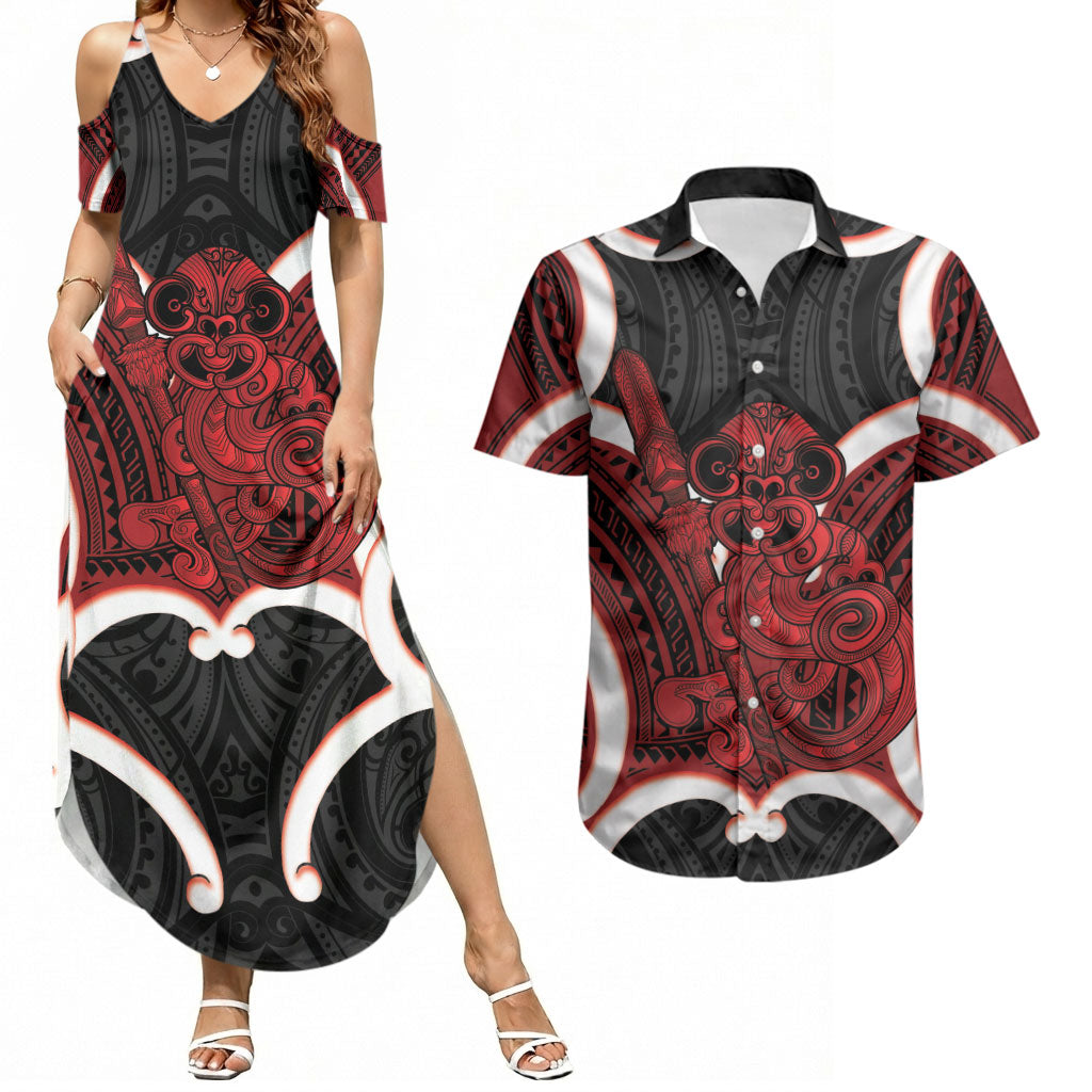 Whero Aotearoa Atua Tumatauenga Personalised Couples Matching Summer Maxi Dress and Hawaiian Shirt Maori God Of War Tiki With Taiaha