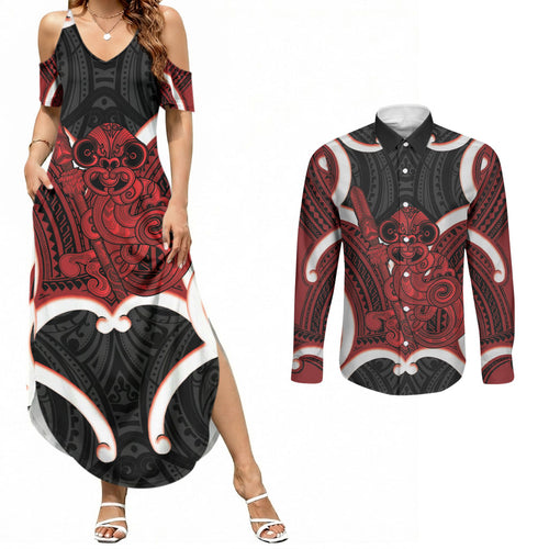 Whero Aotearoa Atua Tumatauenga Personalised Couples Matching Summer Maxi Dress and Long Sleeve Button Shirt Maori God Of War Tiki With Taiaha