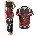 Whero Aotearoa Atua Tumatauenga Personalised Couples Matching Tank Maxi Dress and Hawaiian Shirt Maori God Of War Tiki With Taiaha