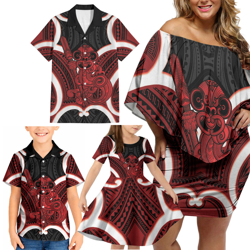 Whero Aotearoa Atua Tumatauenga Personalised Family Matching Off Shoulder Short Dress and Hawaiian Shirt Maori God Of War Tiki With Taiaha