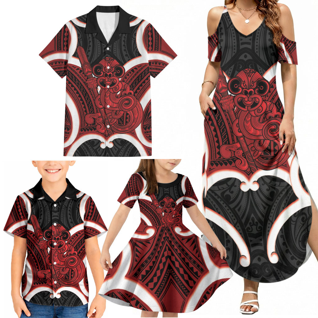 Whero Aotearoa Atua Tumatauenga Personalised Family Matching Summer Maxi Dress and Hawaiian Shirt Maori God Of War Tiki With Taiaha