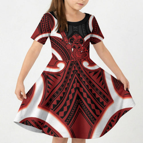 Whero Aotearoa Atua Tumatauenga Personalised Kid Short Sleeve Dress Maori God Of War Tiki With Taiaha