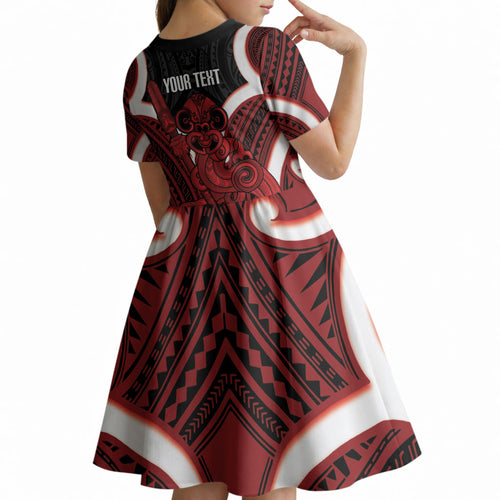 Whero Aotearoa Atua Tumatauenga Personalised Kid Short Sleeve Dress Maori God Of War Tiki With Taiaha