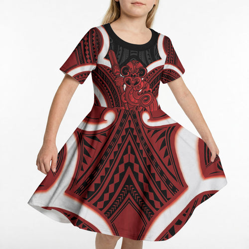 Whero Aotearoa Atua Tumatauenga Personalised Kid Short Sleeve Dress Maori God Of War Tiki With Taiaha