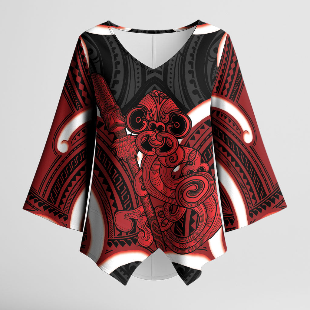 Whero Aotearoa Atua Tumatauenga Personalised Kimono Sleeve Blouse Maori God Of War Tiki With Taiaha