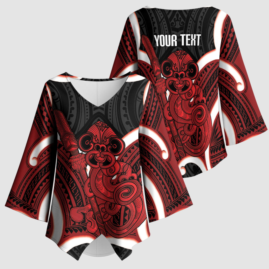 Whero Aotearoa Atua Tumatauenga Personalised Kimono Sleeve Blouse Maori God Of War Tiki With Taiaha