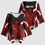 Whero Aotearoa Atua Tumatauenga Personalised Kimono Sleeve Blouse Maori God Of War Tiki With Taiaha