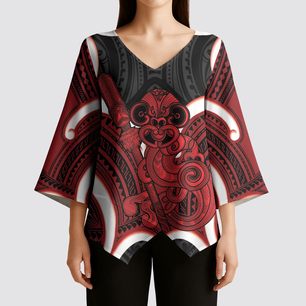 Whero Aotearoa Atua Tumatauenga Personalised Kimono Sleeve Blouse Maori God Of War Tiki With Taiaha
