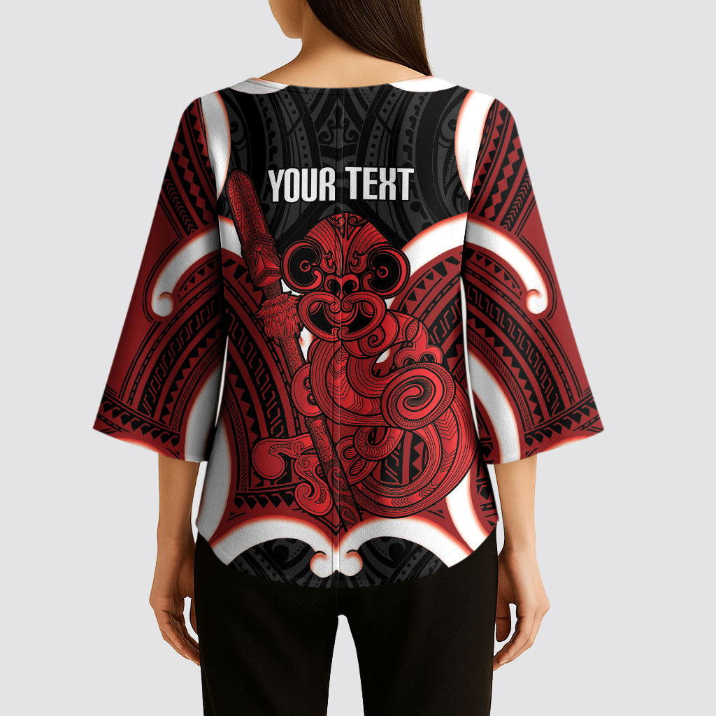 Whero Aotearoa Atua Tumatauenga Personalised Kimono Sleeve Blouse Maori God Of War Tiki With Taiaha