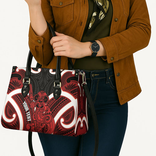 Whero Aotearoa Atua Tumatauenga Personalised Leather Bag Maori God Of War Tiki With Taiaha