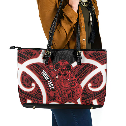 Whero Aotearoa Atua Tumatauenga Personalised Leather Tote Bag Maori God Of War Tiki With Taiaha