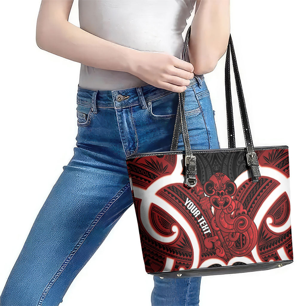 Whero Aotearoa Atua Tumatauenga Personalised Leather Tote Bag Maori God Of War Tiki With Taiaha