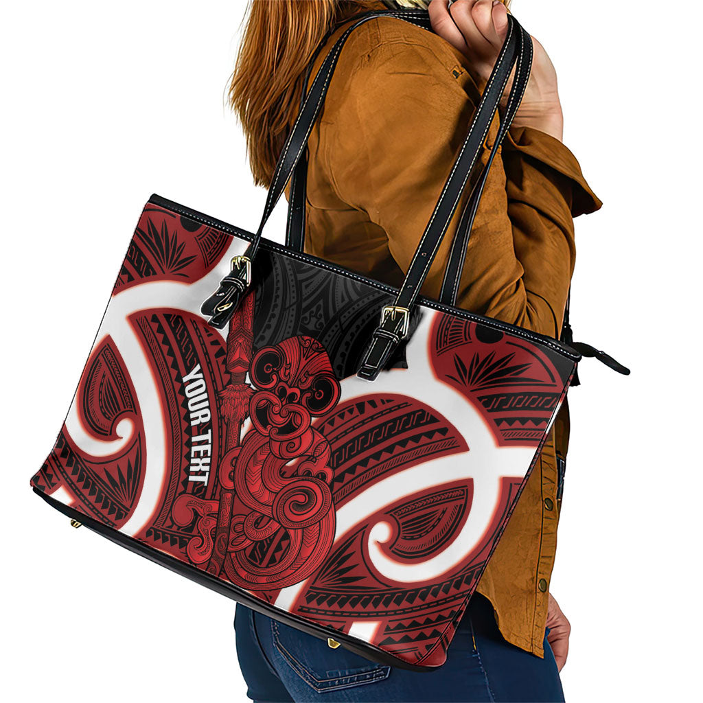 Whero Aotearoa Atua Tumatauenga Personalised Leather Tote Bag Maori God Of War Tiki With Taiaha