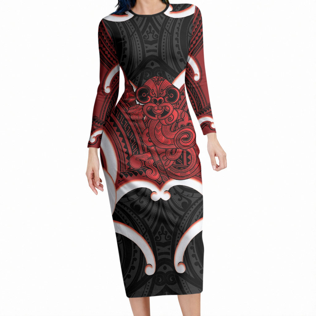 Whero Aotearoa Atua Tumatauenga Personalised Long Sleeve Bodycon Dress Maori God Of War Tiki With Taiaha