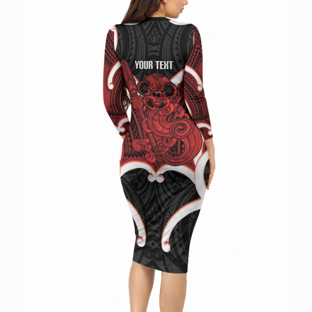 Whero Aotearoa Atua Tumatauenga Personalised Long Sleeve Bodycon Dress Maori God Of War Tiki With Taiaha